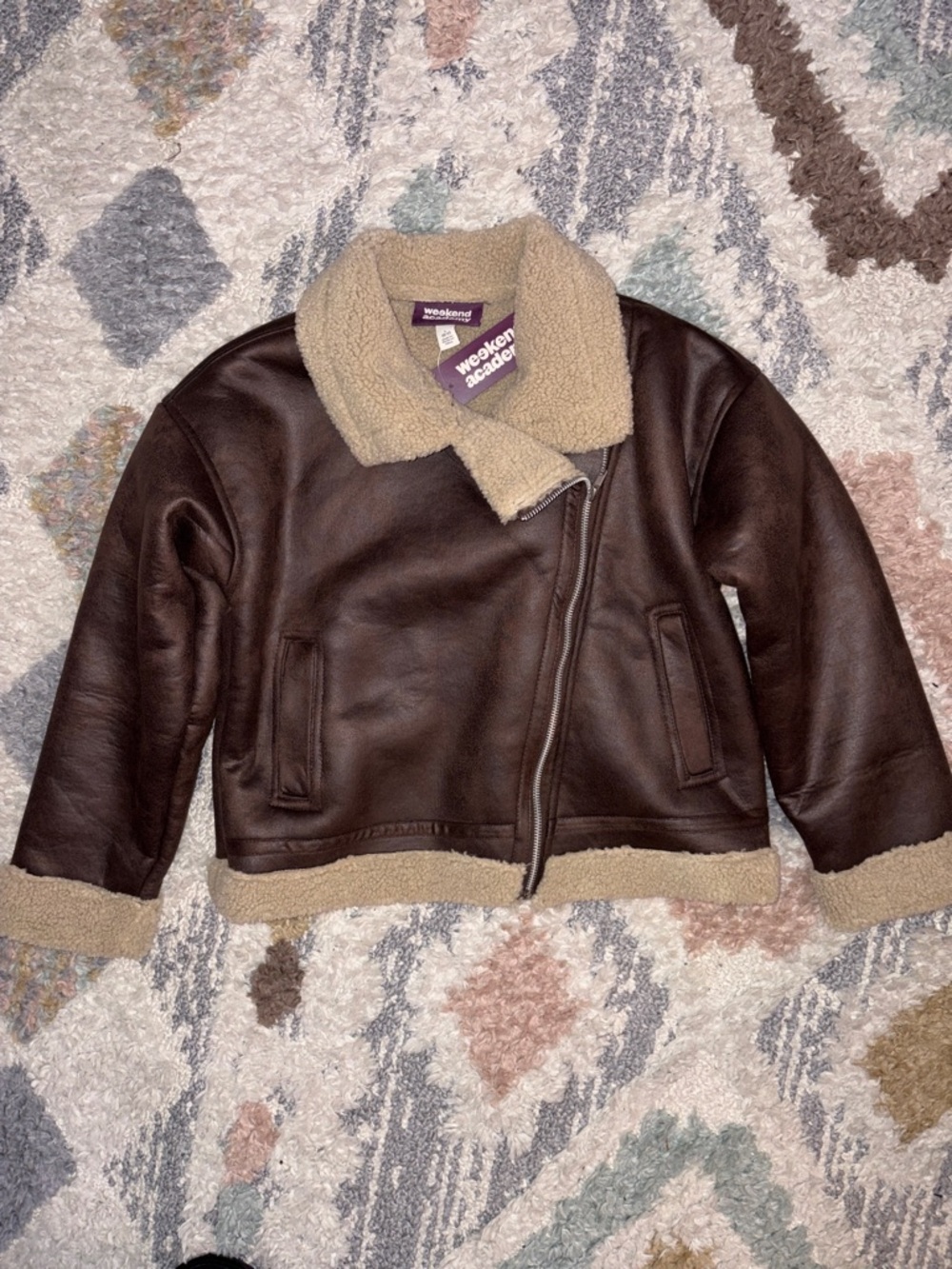 Weekend Academy Brown Faux Leather Aviator Jacket with Tan Sherpa